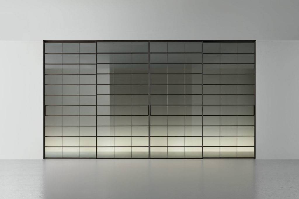 Rimadesio Soho schuifdeur met grafische vlakverdeling in glas en aluminium