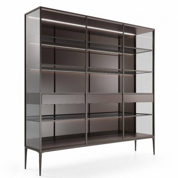 luxe italiaanse boekenkast met lades, aluminium afwerking en glas. Rimadesio Alambra