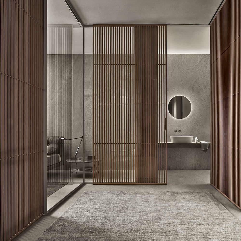 glazen scheidingswanden slaapkamer met schuifdeuren in noten hout rimadesio sail