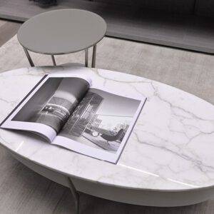 luxe ovale tafel met wit marmer blad calacatta rimadesio planet