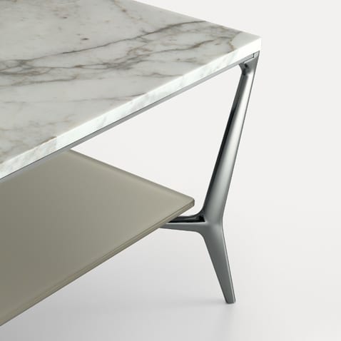 rimadesio planet salontafel met structuur van gepolijst aluminium laat zien gecombineerd met een onderlaag van tufo glanzend gelakt glas, dikte 8 mm