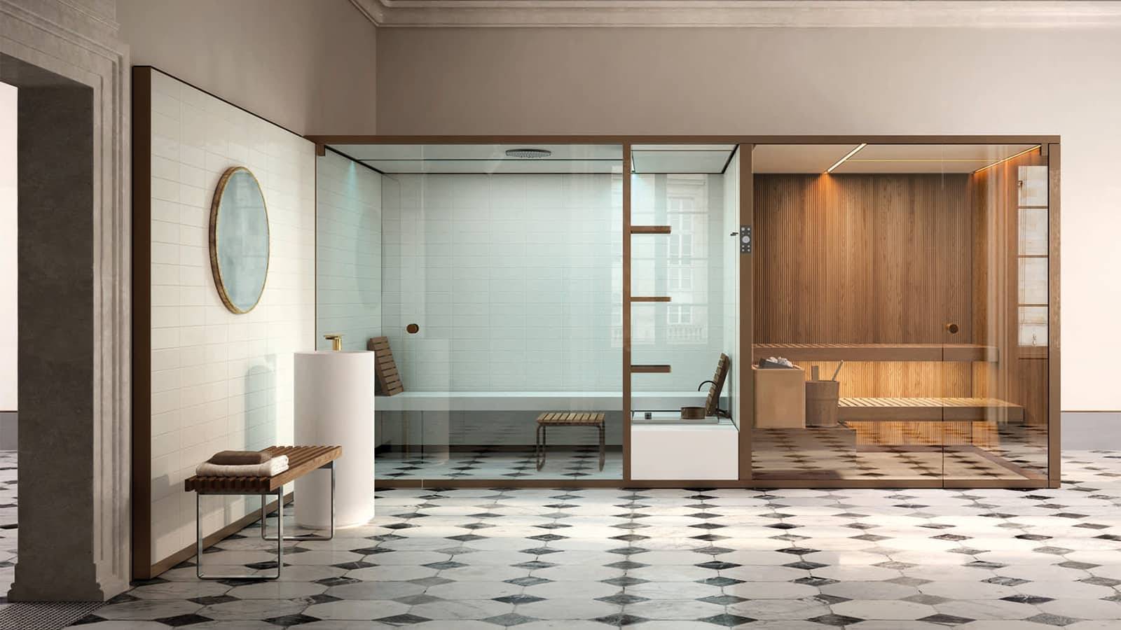 luxe finse sauna op maat in hout met glazen deuren en afwerking in marmer effegibi bodylove via noctum