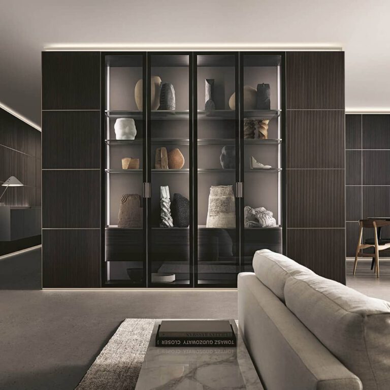 Rimadesio Modulor storage in 20 rovere tratatto (donker eiken) met geïntegreerde cover kast en LED verlichting Rimadesio Noctum Rotterdam