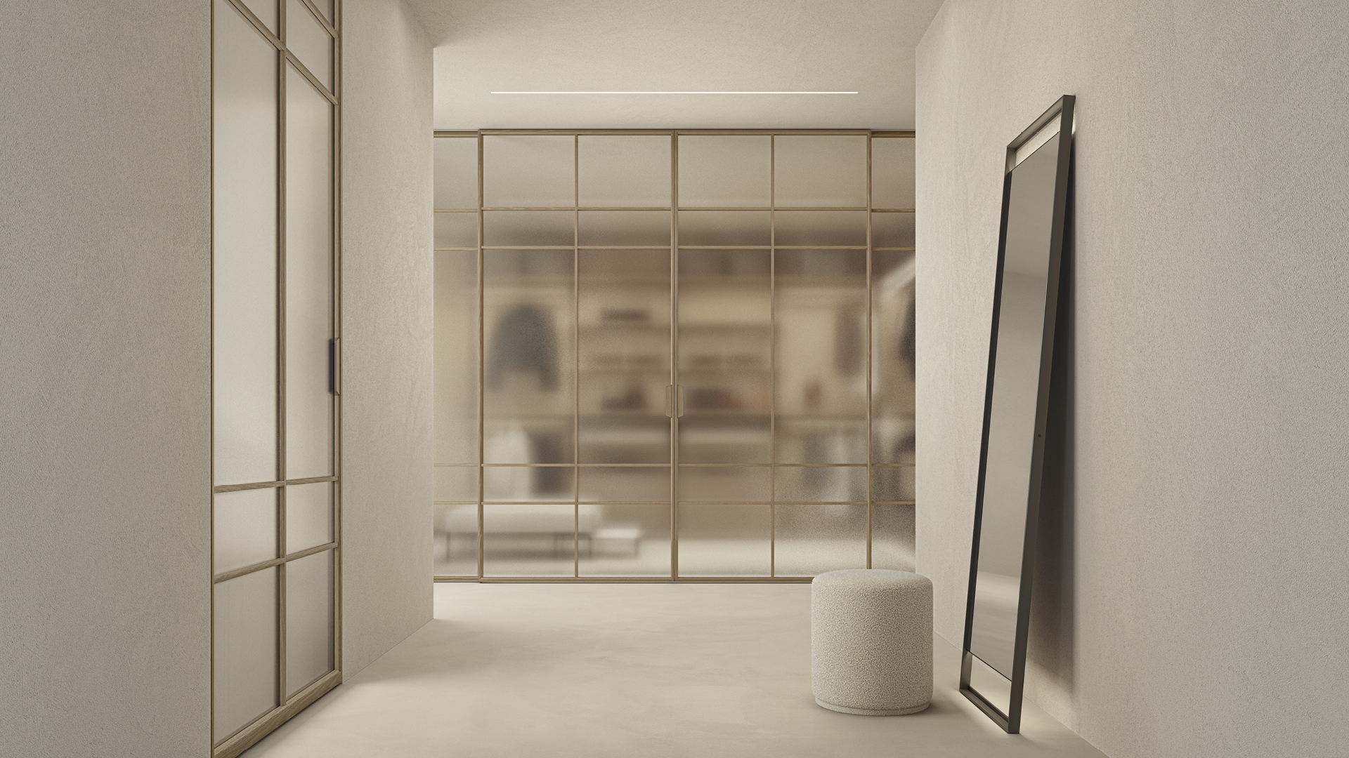 Rimadesio Maxi Regular schuifdeur met houten kader in warm eiken, toegepast in een minimalistische inloopruimte – project Rotterdam.