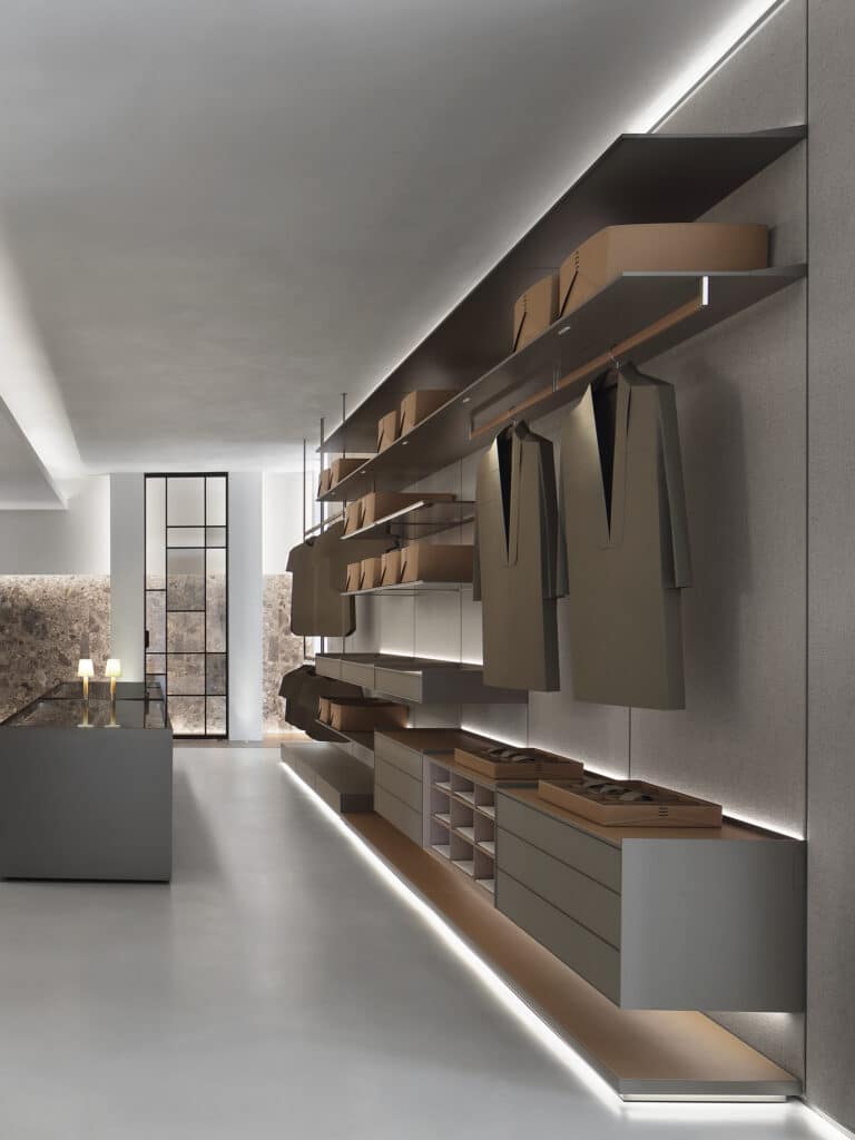 Hedon wandopstelling met geïntegreerde lades, verlichting en opbergboxen – Noctum Rotterdam