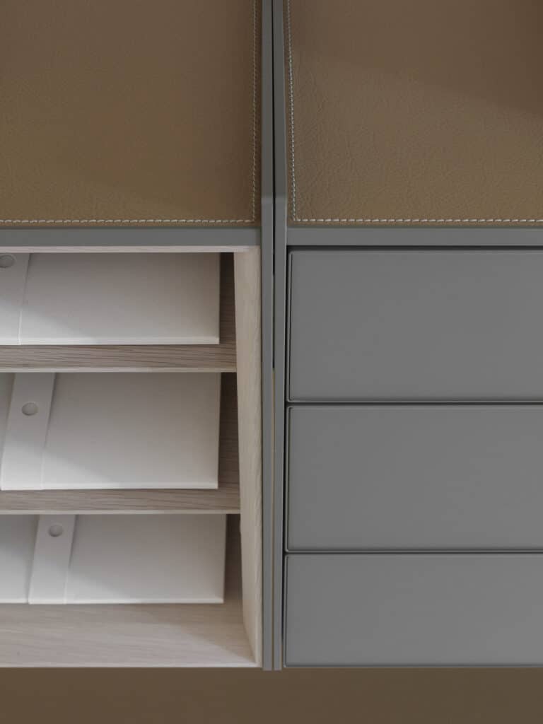 Maatwerk lade-inleg in leer binnen Hedon walk-in closet, Noctum Nederland