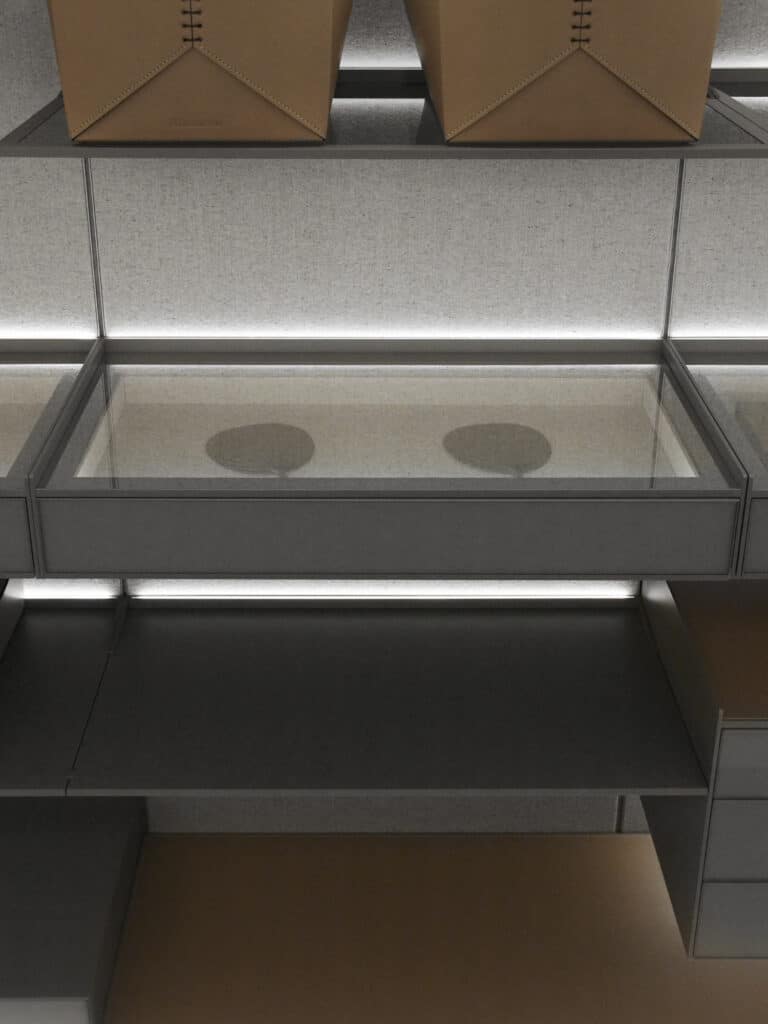 Walk-in closet op maat met glazen lade en ledverlichting, Hedon systeem bij Noctum Rotterdam