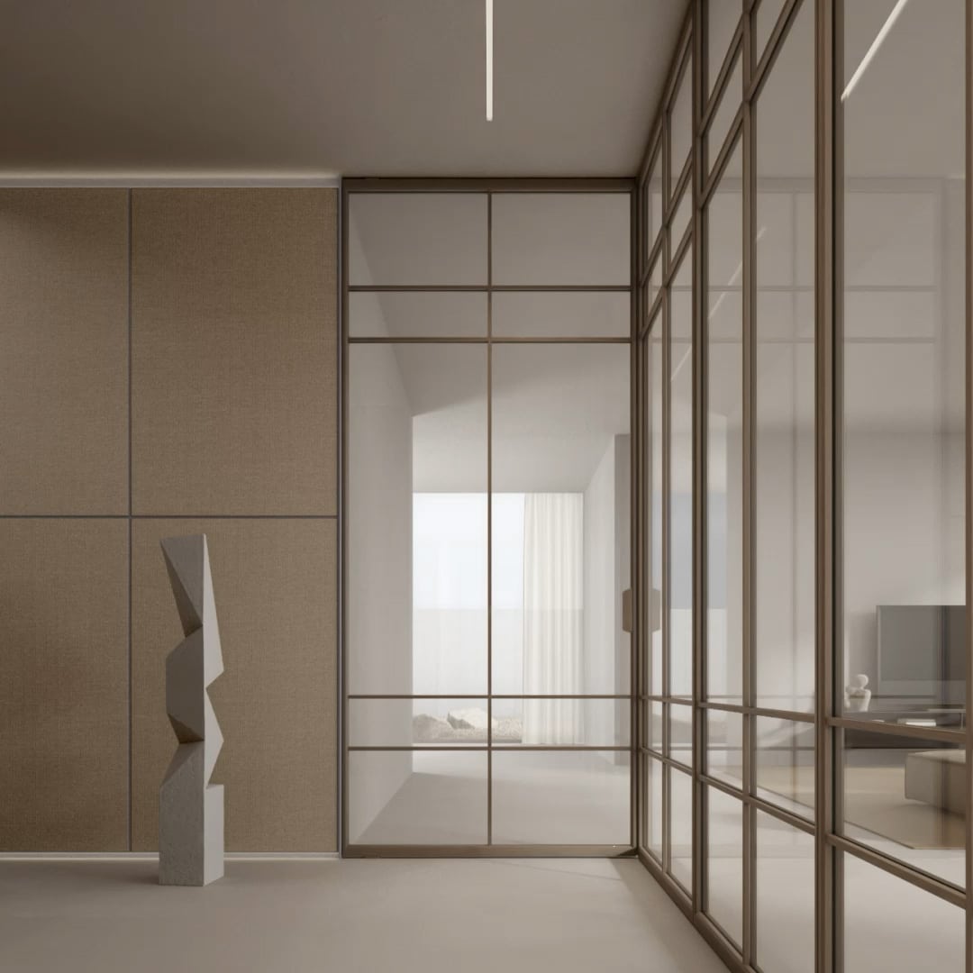 Air System glaswand met grid en geïntegreerde deur, transparant glas en bronzo aluminium, in living, merk Rimadesio