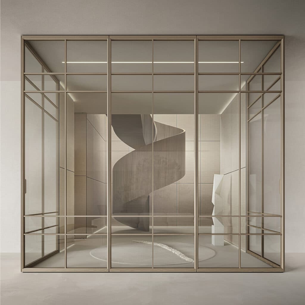 Rimadesio Air System glazen wandscheiding met symmetrisch raster en draaideuren, geplaatst in een ruimte met een sculpturale wenteltrap.