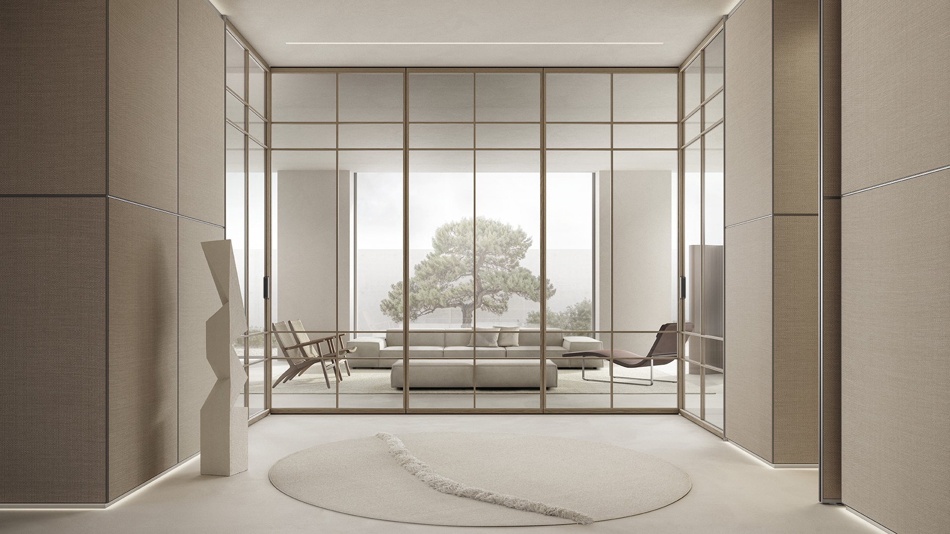 Rimadesio Air System wand met vaste panelen en bidirectionele deuren in aluminium en glas, vrijstaand geplaatst in een modern interieur.