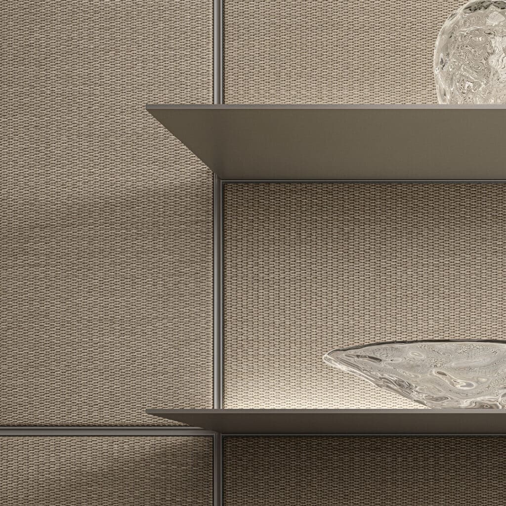 Detail van een Rimadesio Modulor wandpaneel met Rafia afwerking en glazen decoraties, exclusief verkrijgbaar via Noctum.