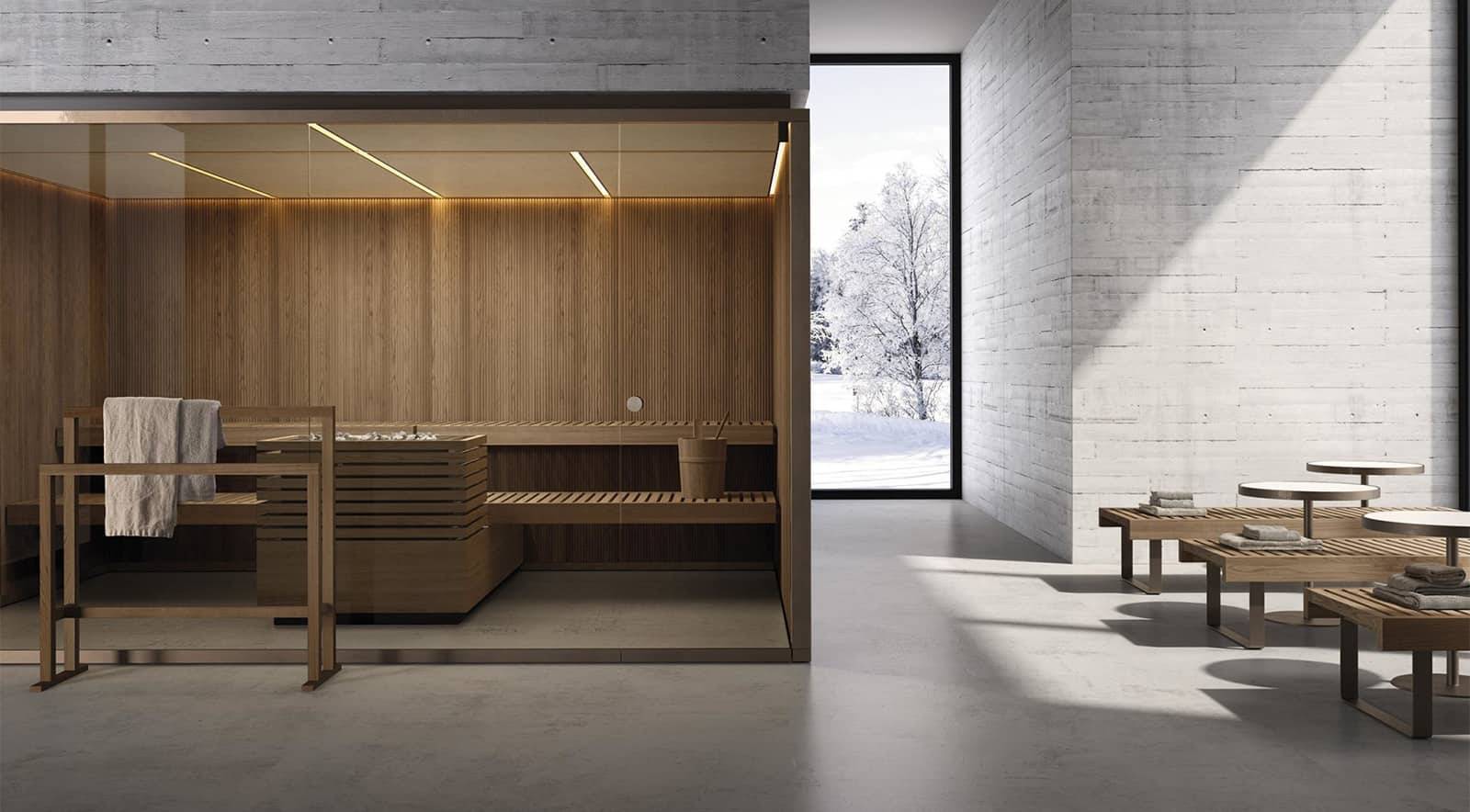EFFE sauna in warm hout met glaswand, geïntegreerde indirecte verlichting en minimalistisch interieur – projectvisualisatie Noctum.