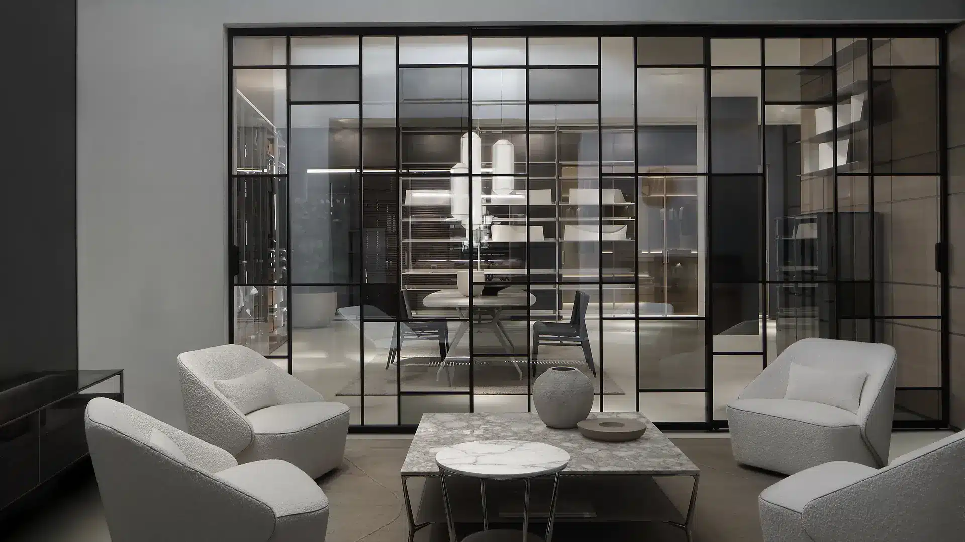 Rimadesio Air Syncro glazen scheidingswand met synchroon bewegende panelen in een high-end interieur