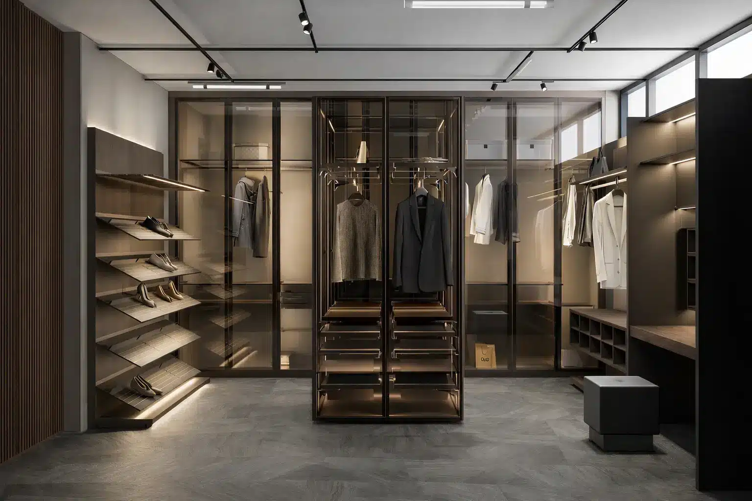 Render van een Rimadesio maatwerk garderobe met glazen fronten, metalen draagstructuur en geïntegreerde verlichting, ontworpen door Noctum als interieurarchitectonische visualisatie