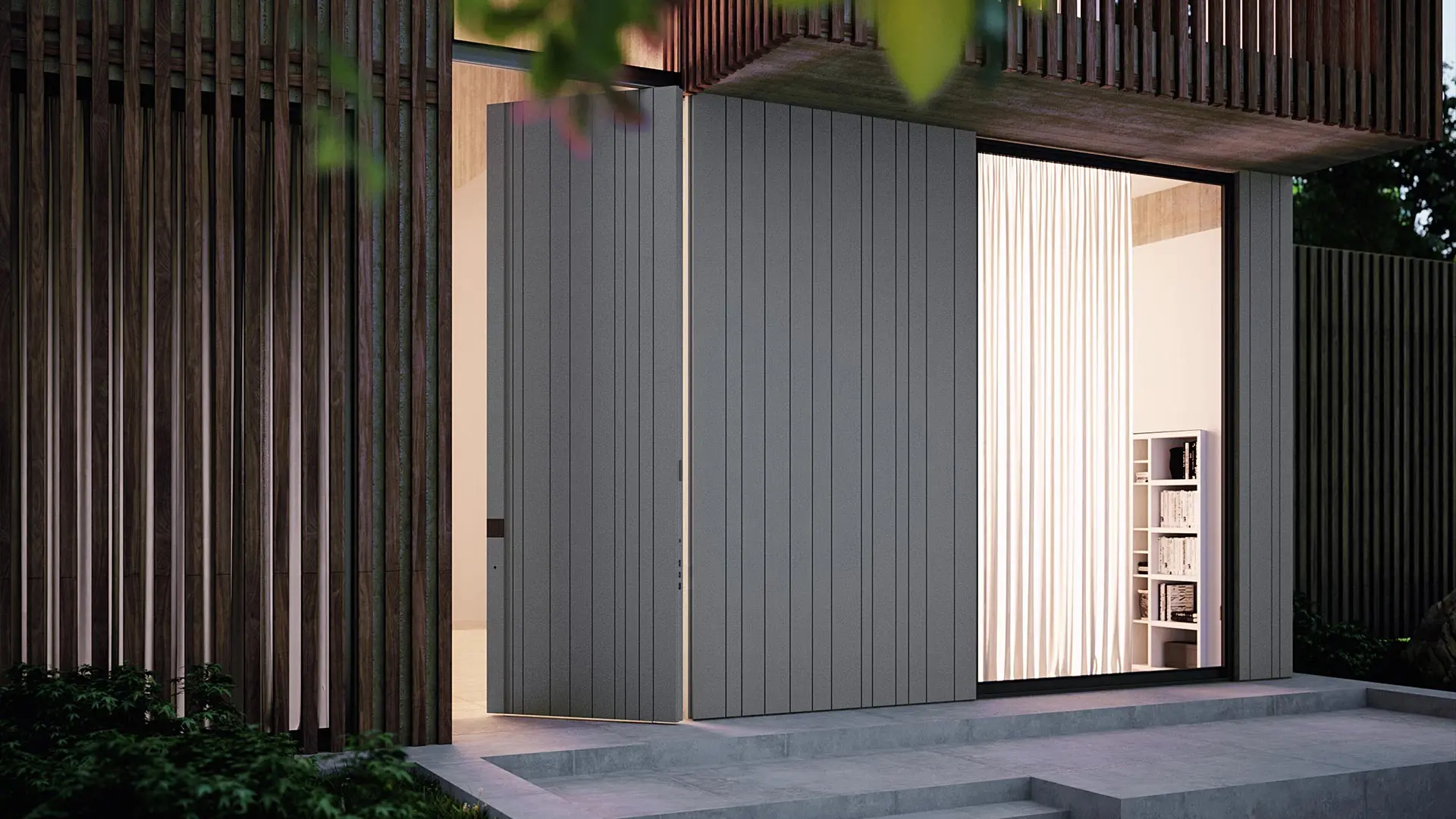 Architectonisch deursysteem met verticale panelen en geïntegreerde materialiteit als onderdeel van een interieurarchitectonisch geheel