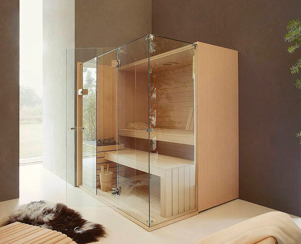 EFFE Sky Corner sauna als vrijstaand volume met glas en hout in open interieur