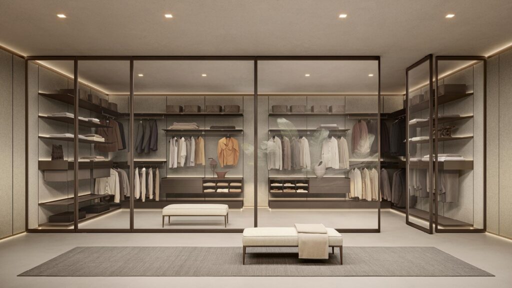 Rimadesio Hedon walk-in closet achter glazen wanden met modulaire planken en hangmodules