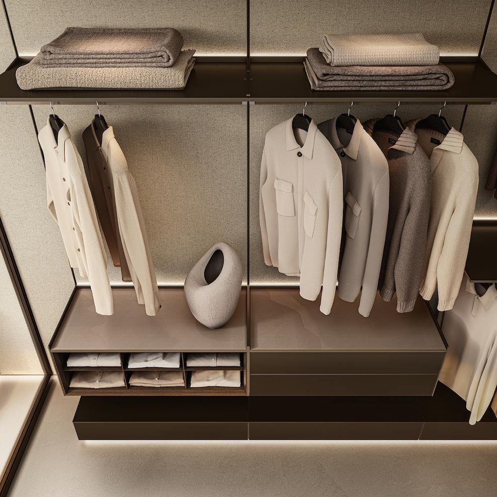 Rimadesio Hedon modulair walk-in closet systeem met hangmodules, planken en lademodule.