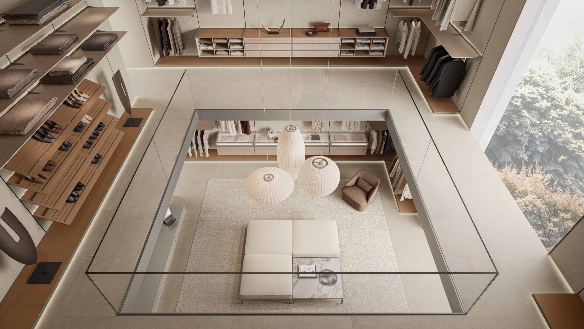 Rimadesio Hedon walk-in closet toegepast als architectonische dressingruimte met modulaire garderobewanden, geïntegreerde verlichting en open opbergmodules.