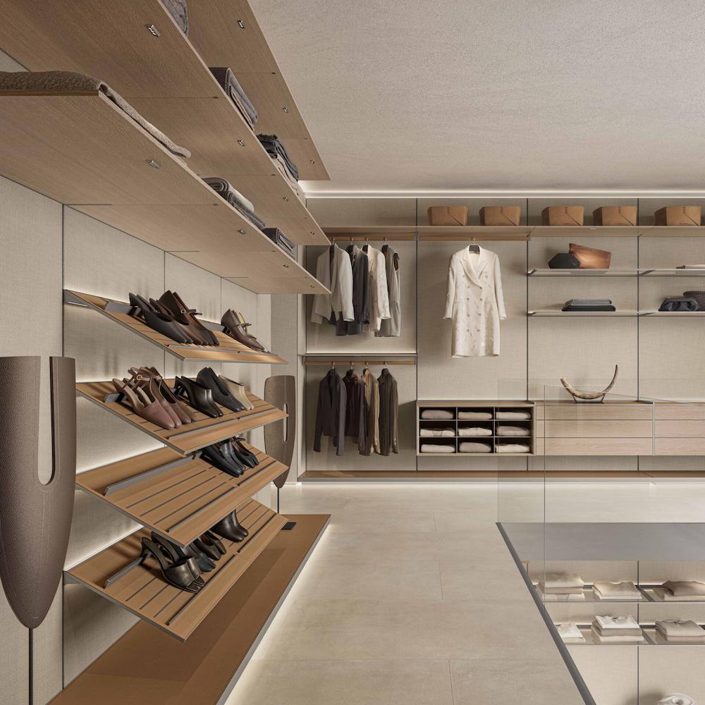 Rimadesio Hedon walk-in closet met modulaire planken, hanggedeeltes en schoenrekken.