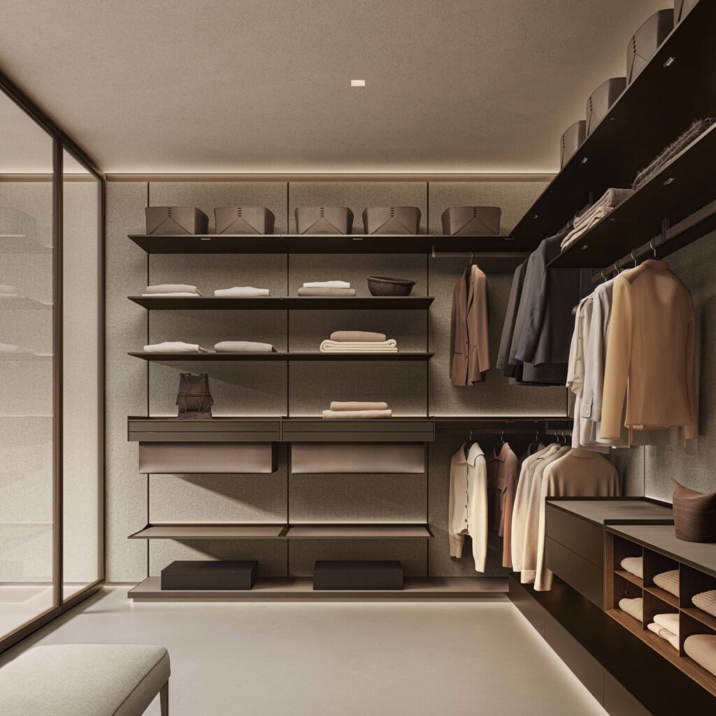 Rimadesio Hedon walk-in closet met textielpanelen, aluminium structuur en geïntegreerde legplanken en hangzones