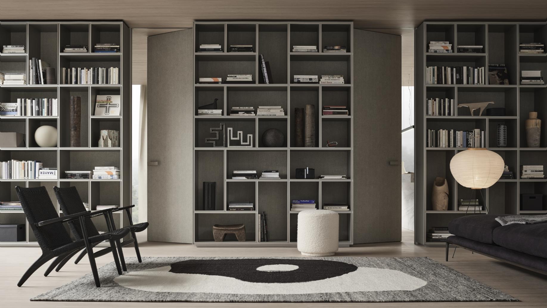 Rimadesio Moon kozijnloze binnendeur volledig vlak geïntegreerd in de wand binnen een architectonisch interieur