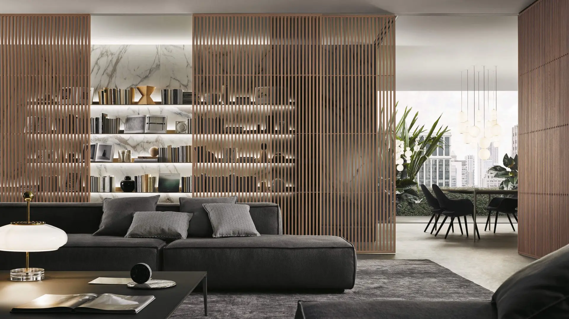 luxe italiaanse schuifdeur in notenhout met grijs transparant glas rimadesio sail via noctum