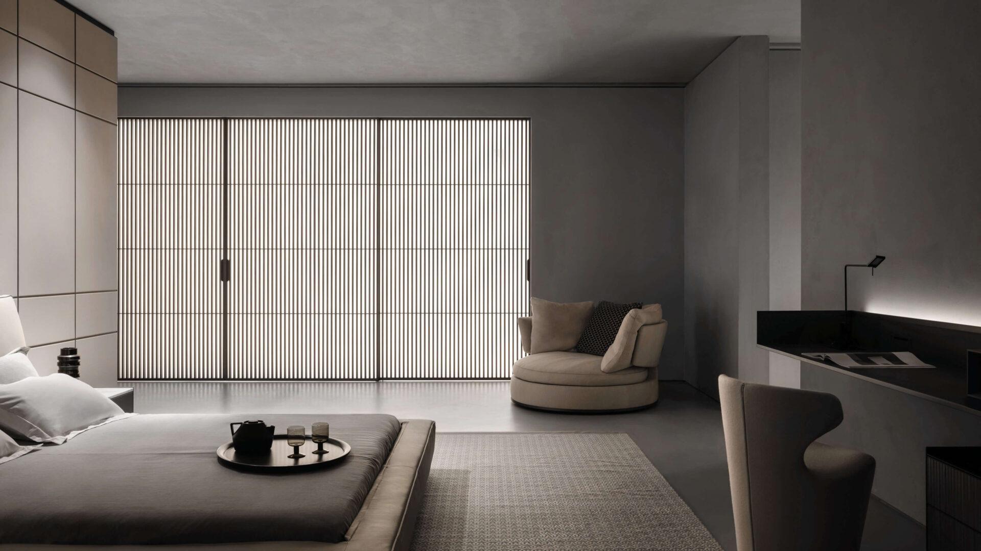 Rimadesio Sail schuifdeur met verticale profilering toegepast als lichtfilterende ruimtescheiding binnen een modern interieur