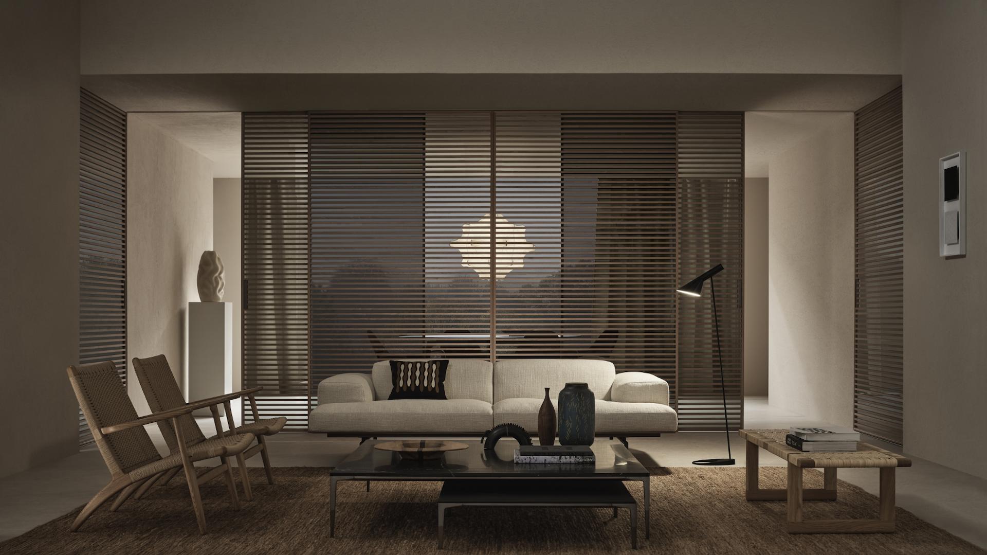 Rimadesio Stripe schuifdeur met horizontale aluminium profilering en houtafwerking, toegepast als transparant scheidingssysteem in een modern interieur