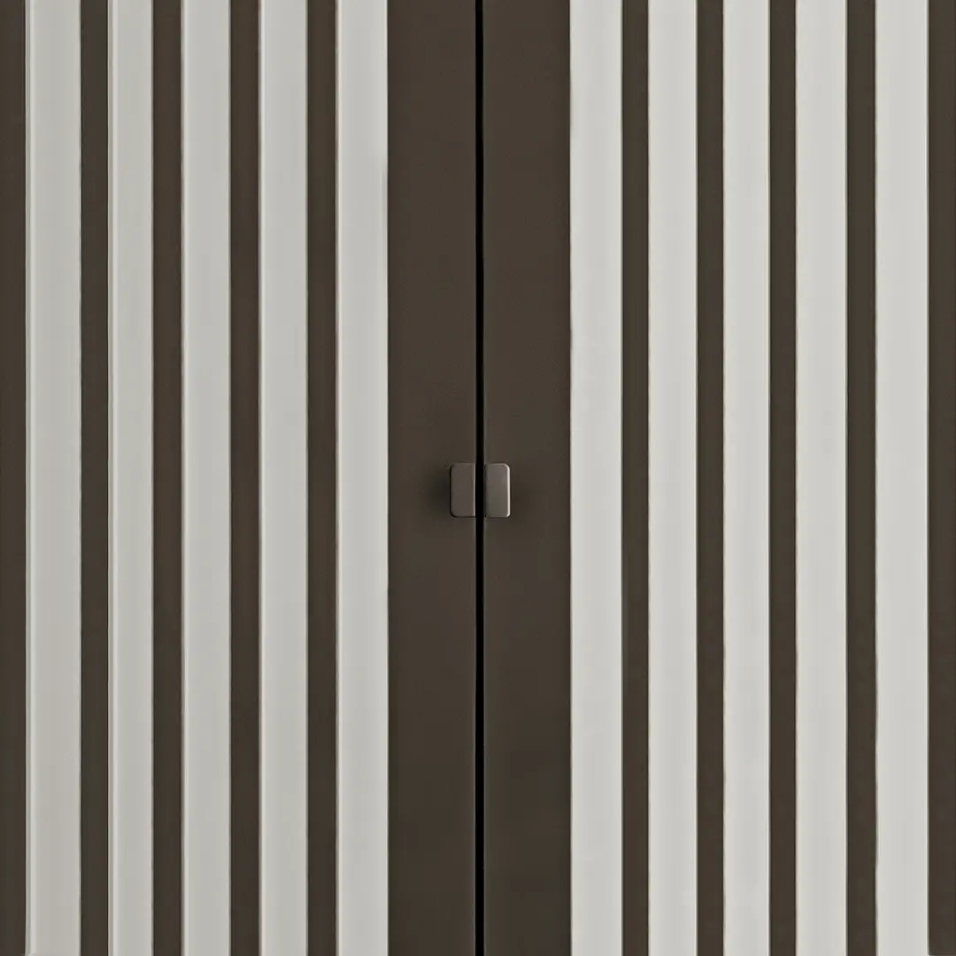 Detail van kastfront met verticale houten lamellen en minimalistische greepafwerking