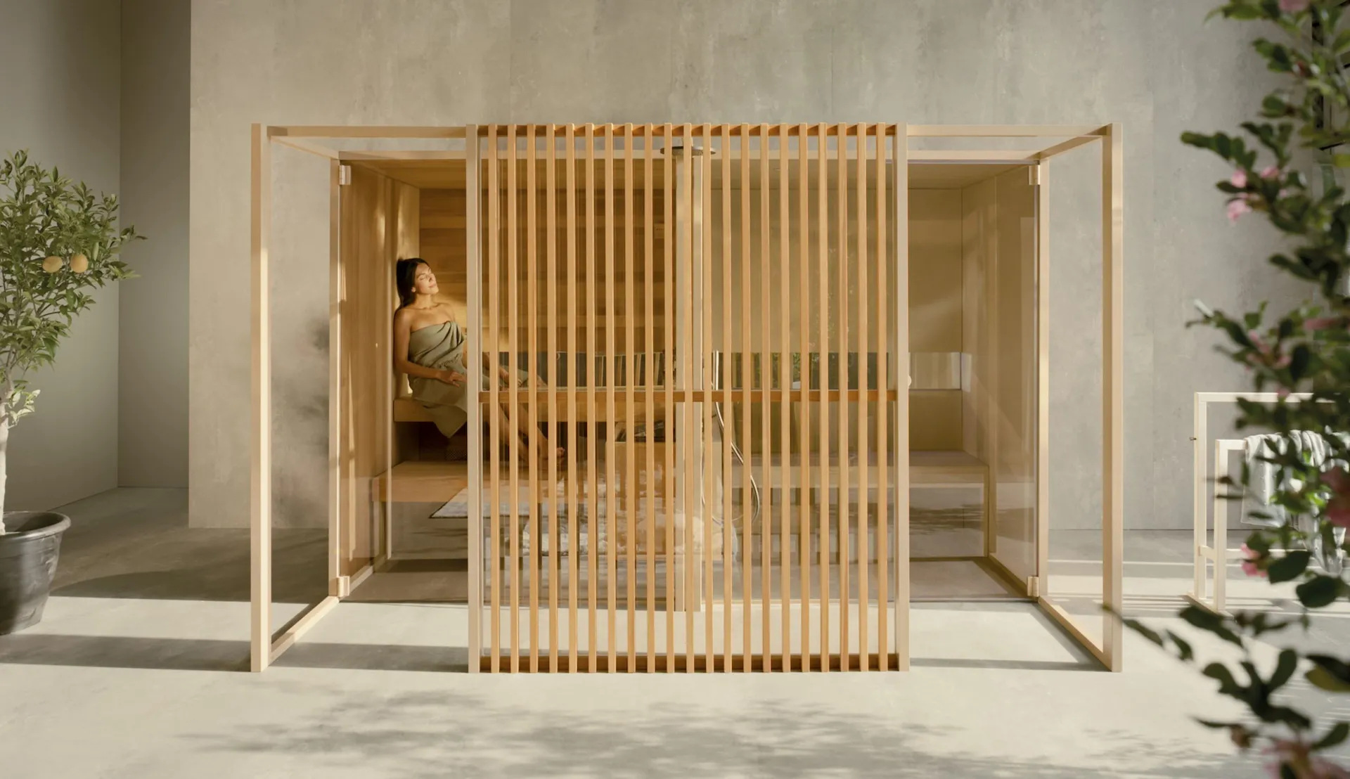 EFFE Logica SH sauna en hammam combinatie met lamellenstructuur in een wellnessruimte