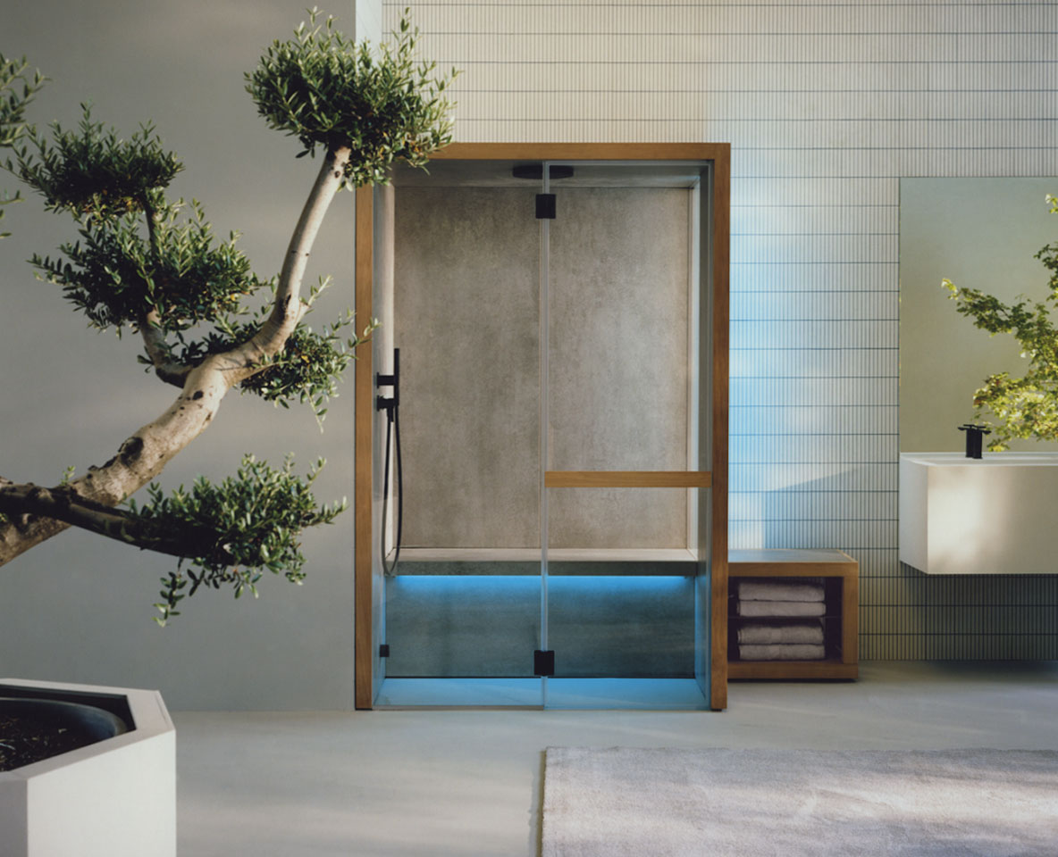 EFFE Natural hammam op maat met hout en glas in een open wellnessruimte
