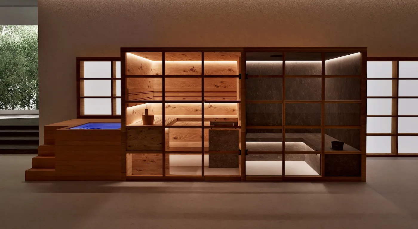 EFFE Petra SH wellnesssysteem met sauna, hammam en plunge bath geïntegreerd in een architectonisch interieur