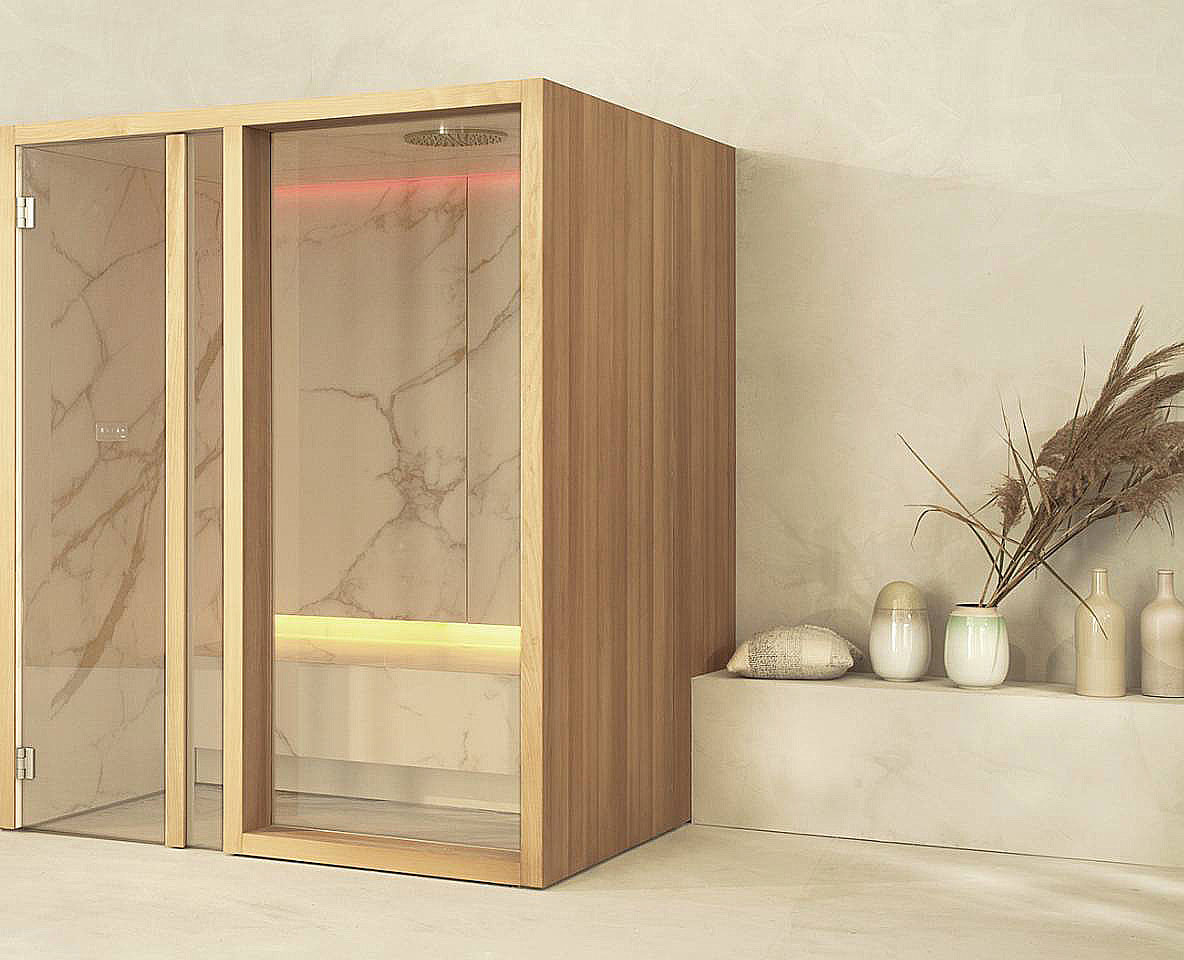 EFFE Yoku hammam op maat met hout en marmerlook als geïntegreerde wellnessruimte