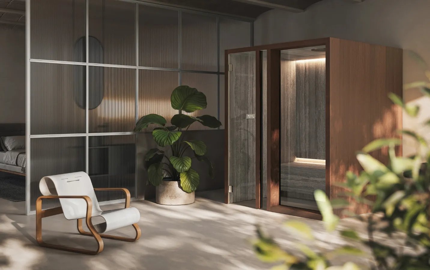 EFFE Yoku hammam stoombad als vrijstaande houten cabine met geïntegreerde verlichting, toegepast binnen een modern interieur
