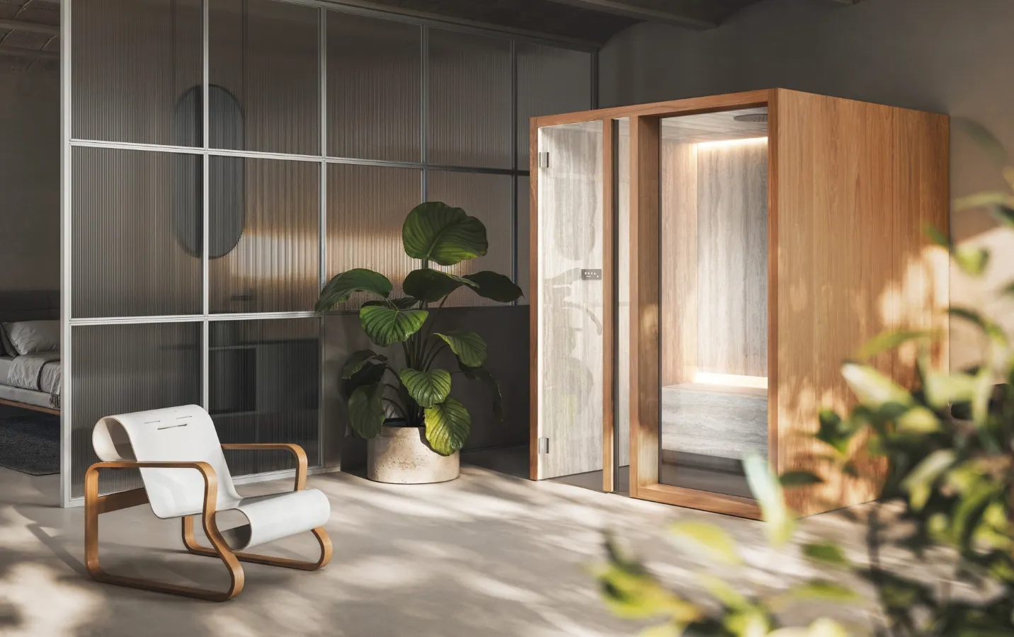 EFFE Yoku hammam stoombad als vrijstaande cabine in lichte houtafwerking met geïntegreerde verlichting, toegepast binnen een modern interieur
