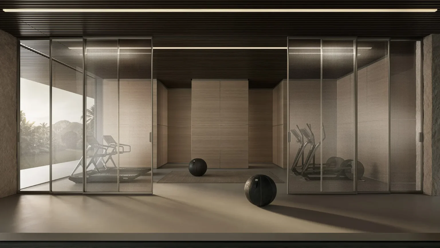 Rimadesio Air Syncro glaswand in gesloten positie toegepast als ruimteafscheiding in een wellness- en fitnessruimte