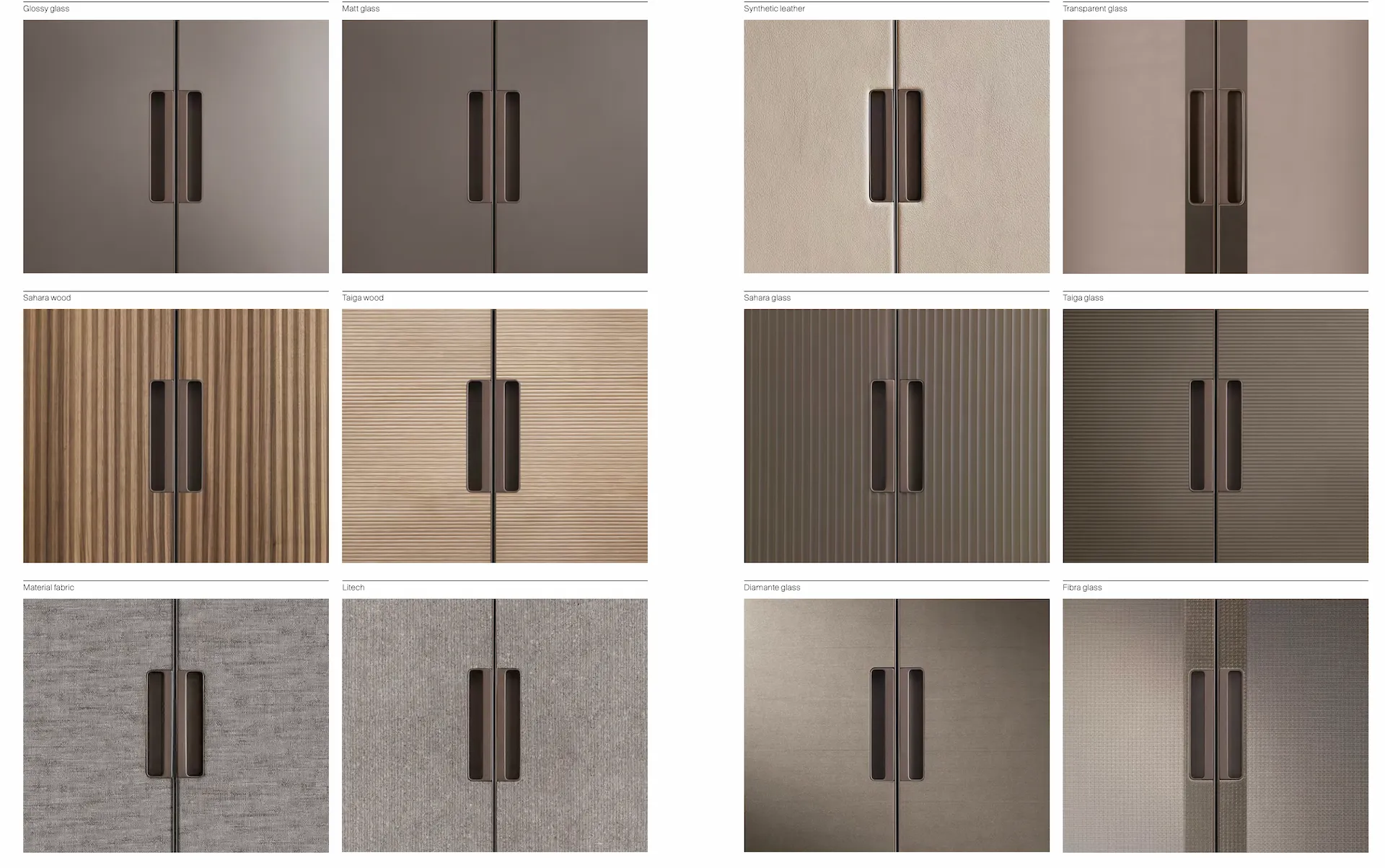 Overzicht van Rimadesio Cover garderobekast met verschillende materiaalafwerkingen in glas, hout, textiel en leder, inclusief geïntegreerde greepdetails