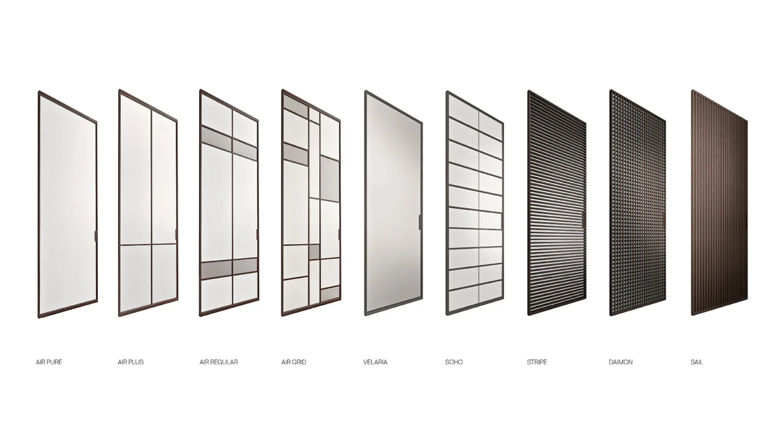 Overzicht van Rimadesio deursystemen waaronder Air, Velaria, Soho, Stripe en Sail met verschillende glas- en paneelindelingen