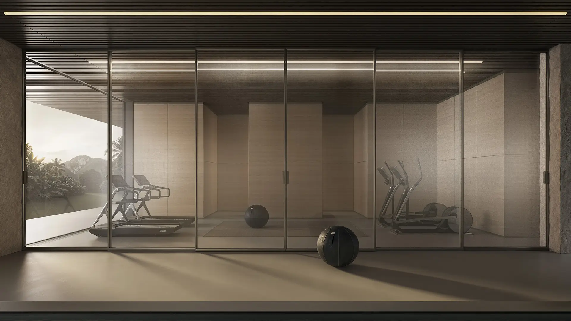 Rimadesio Air Syncro glaswanden met gesynchroniseerd schuifsysteem, toegepast als flexibele roomdivider in een luxe wellnessruimte