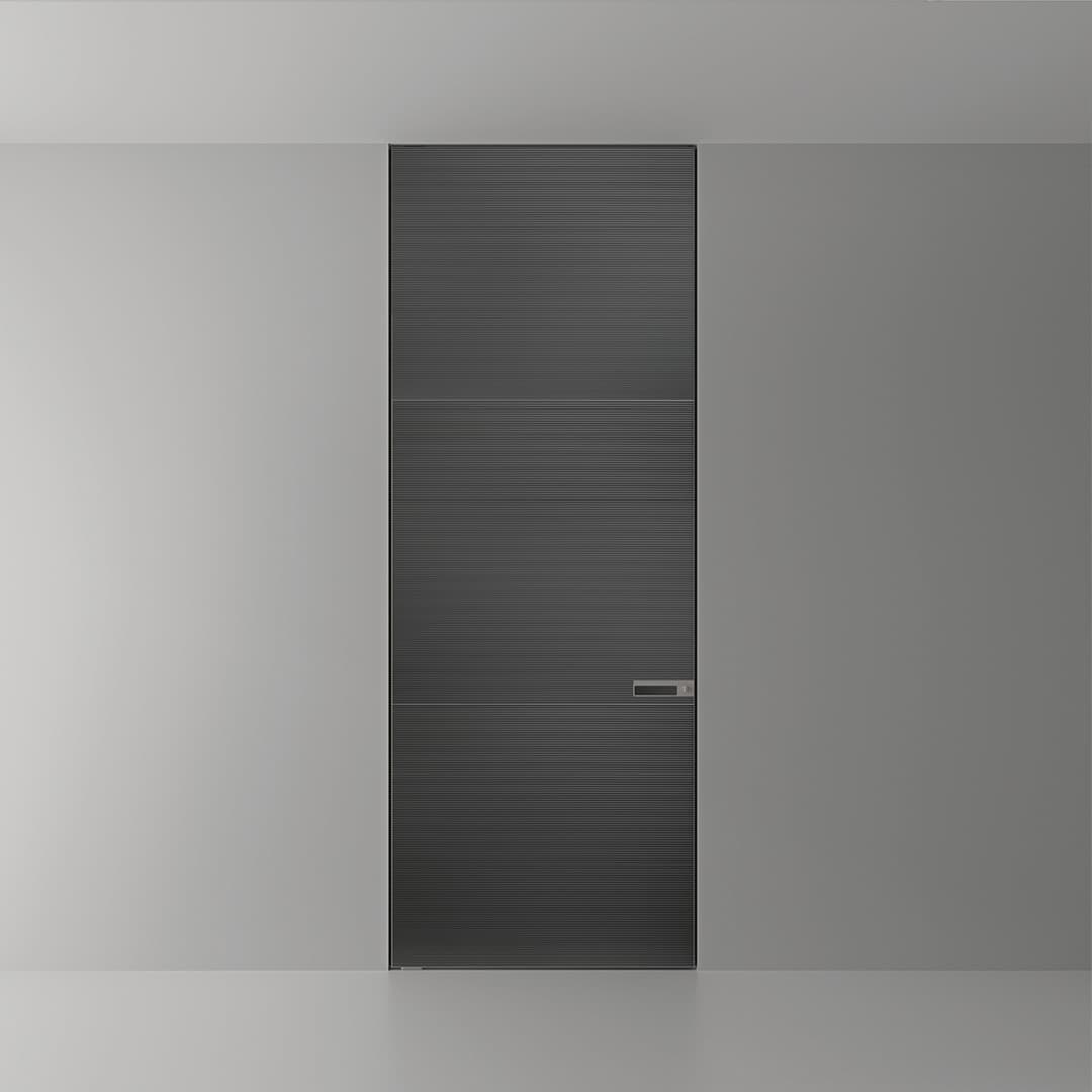Coplanaire Radius taatsdeur in grigio scuro taiga glas geïntegreerd in een minimalistisch wandvlak