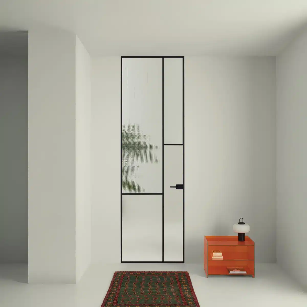 Glas Italia Sherazade draaideur met aluminium kader en geribbeld glas als transparante ruimteverdeler