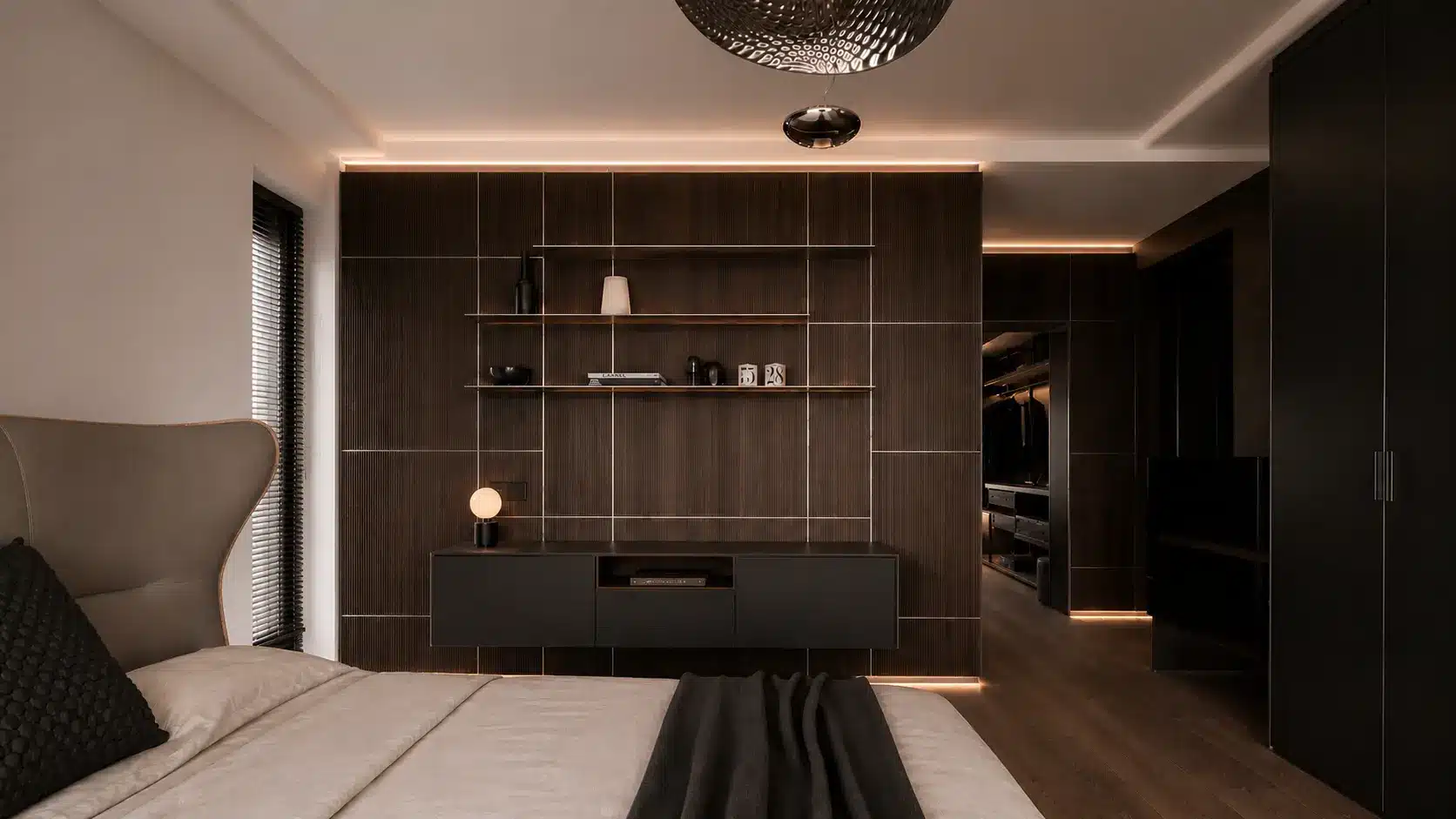 Ontwerp en realisatie van een maatwerk slaapkamerinterieur met wandpanelen, verlichting en geïntegreerde dressing.