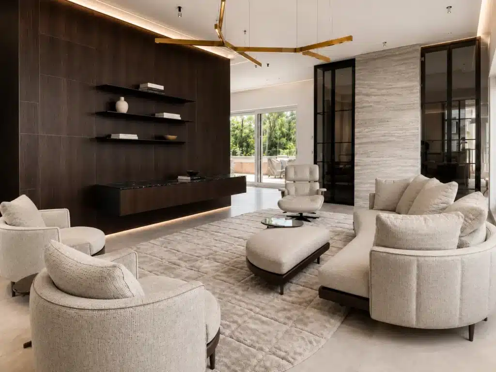 Inteieurinrichting met Rimadesio wandpanelen, luxe stoelen en vloerkleed
